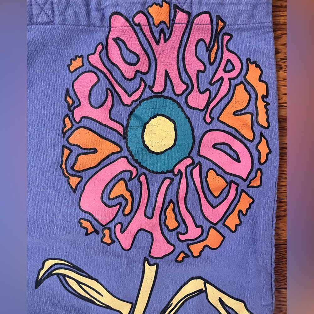 Vintage Purple Canvas Tote Bag with Flower Child Design - Picture 3 of 6
